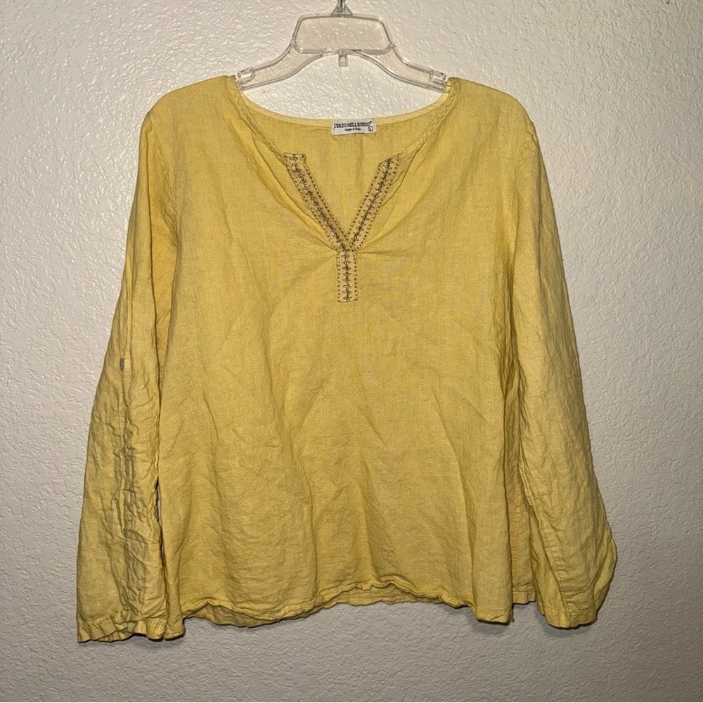 Terzo Millennio Yellow Linen Blouse L Embroidered V Neck Boho Coastal